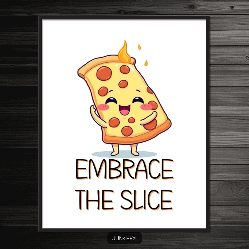 Funny Poster: A delighted food character with tiny arms hugs a massive, steaming slice of pizza with pure joy.
