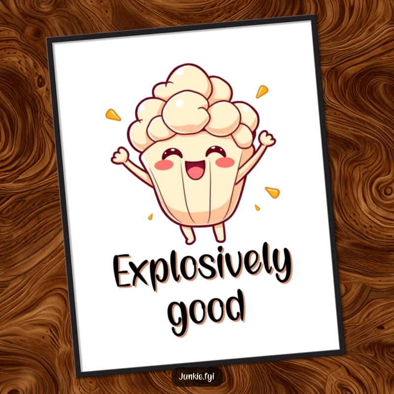 Funny popcorn kernel poster, bursting with energetic joy and vibrant colors, a playful character illustration for wall art.
