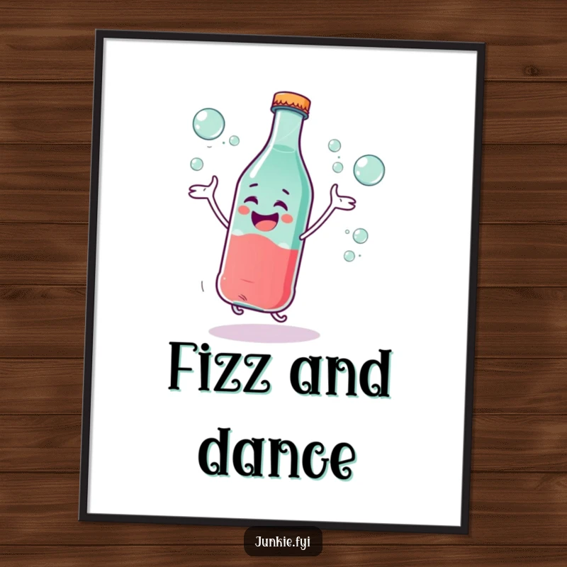Funny Poster: A giggling soda bottle character dances with excitement, surrounded by effervescent bubbles, creating a humorous and lively scene.