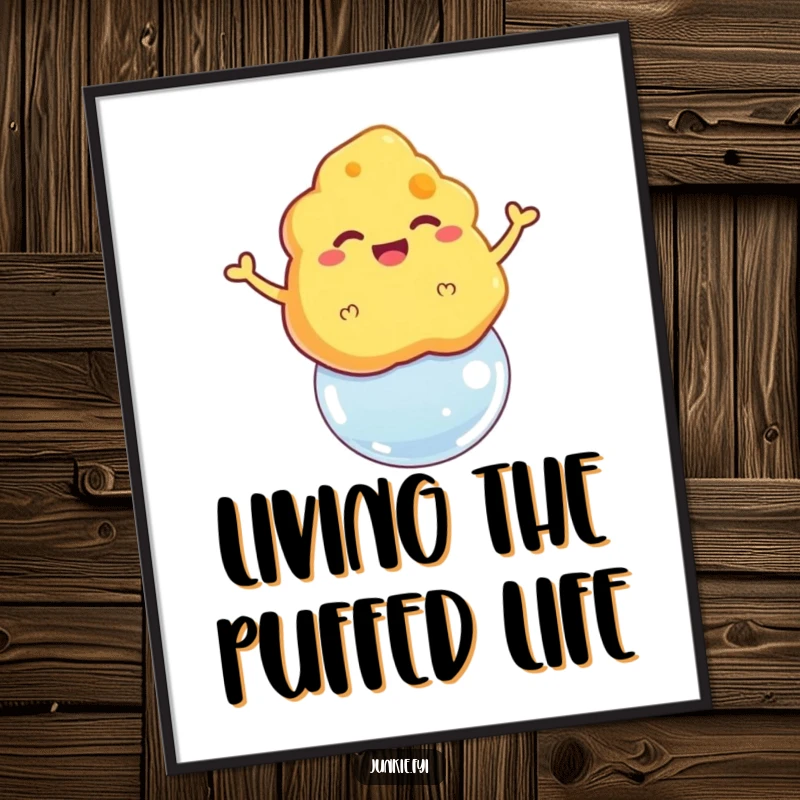 Funny poster of a grinning cheese puff floating triumphantly on a bubble, a whimsical and lighthearted design.