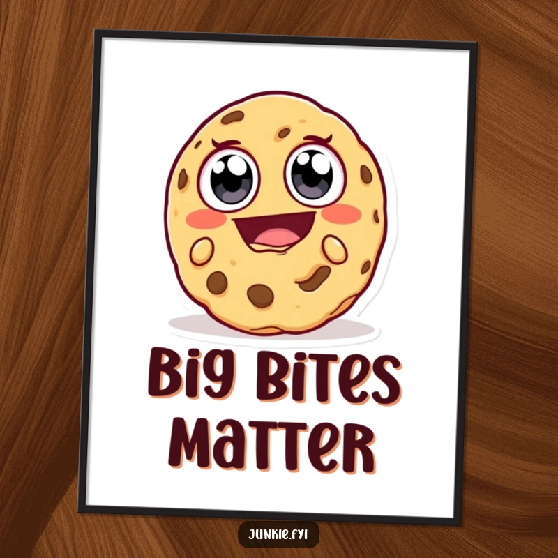Funny Poster: A happy cookie character with large eyes is taking an enormous, delighted bite, creating a humorous and appetizing visual.