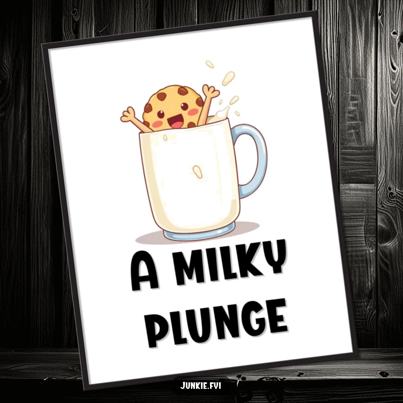 Funny cookie character mid-jump into a large milk mug on a poster, depicting a moment of pure, sweet joy.