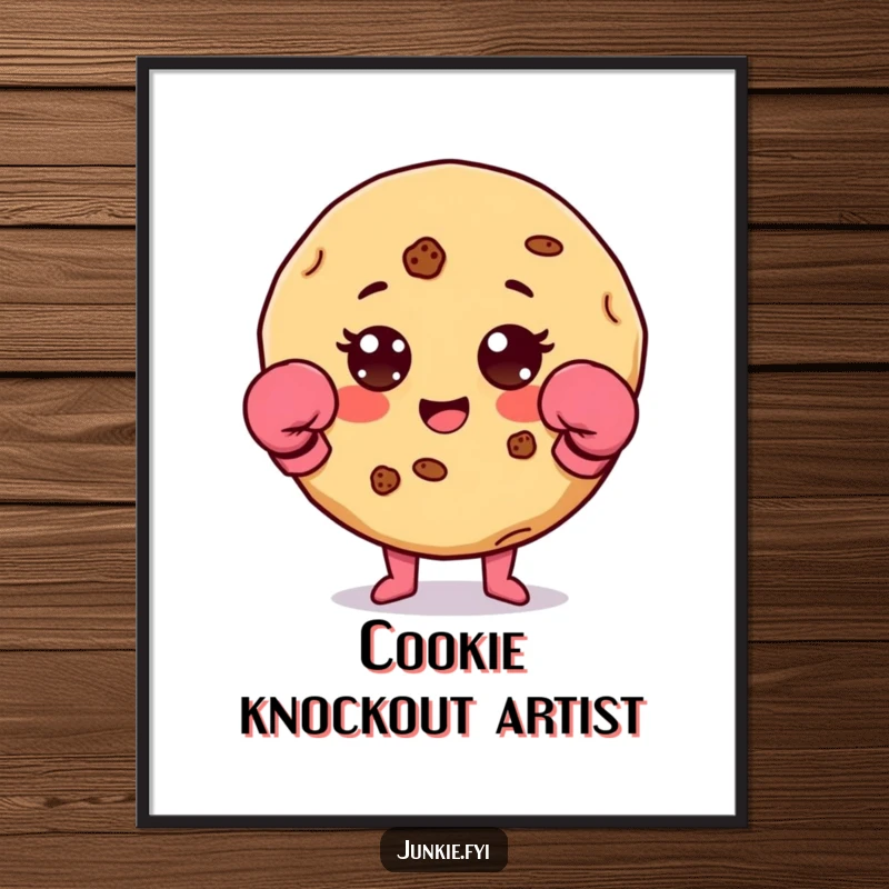 Funny cookie character with chip accents wearing tiny boxing gloves, ready for a fight, presented as a poster.