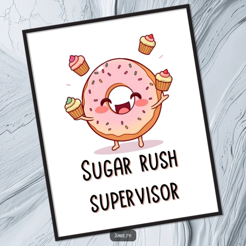 Funny smiling donut character juggling cupcakes on a vibrant poster, adding a touch of sweet, humorous art to any wall.