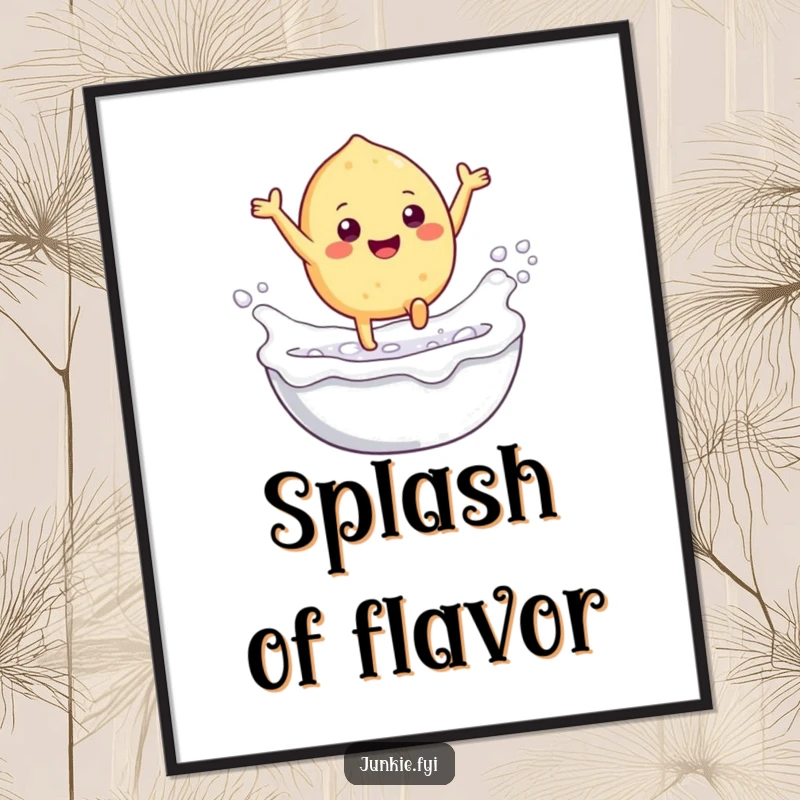 Funny poster print of a gleeful food character with tiny legs leaping into a bubbly milk bath, adding whimsical humor to any wall.