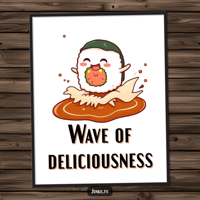 Funny poster art of a giggling sushi roll character surfing a soy sauce wave, adding a touch of playful culinary charm.