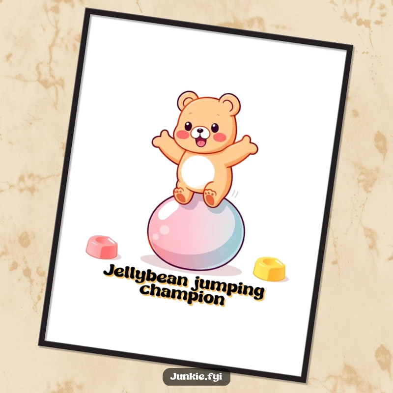 Funny bouncy gummy bear character gleefully bouncing on a giant jellybean, presented as a vibrant poster.