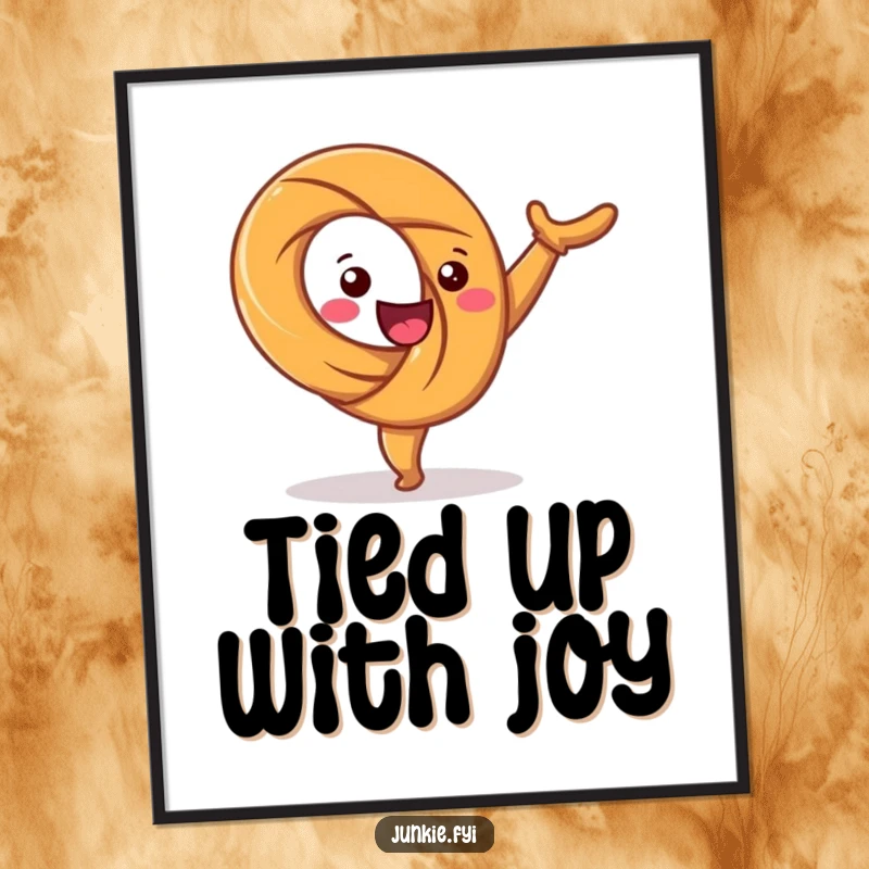 Funny poster capturing a happy pretzel character twisting joyfully while performing a cartwheel. Dynamic, colorful, and amusing.
