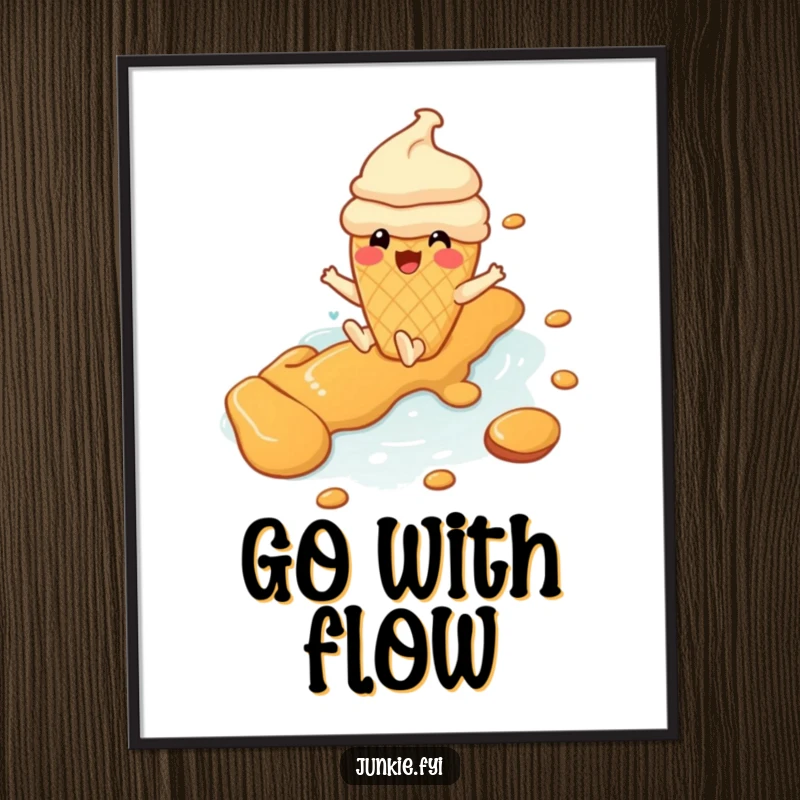 Funny ice cream cone character gleefully sliding down a caramel river, presented as a humorous art print.