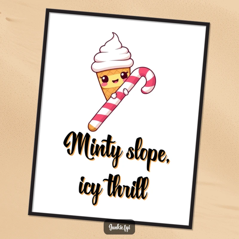 Funny Poster: Mischievous ice cream cone slides down a candy cane, a vibrant and cheerful piece of wall art.