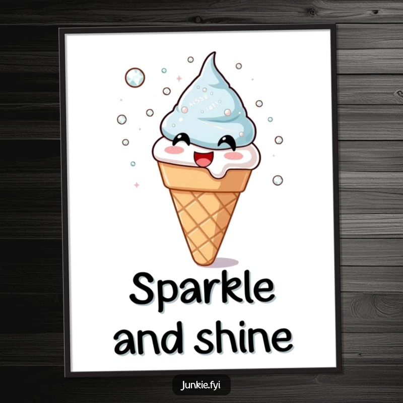 Funny poster art of a joyful ice cream cone mid-action, throwing a cascade of shimmering sugar crystals. A vibrant and happy wall decor, funny gift.