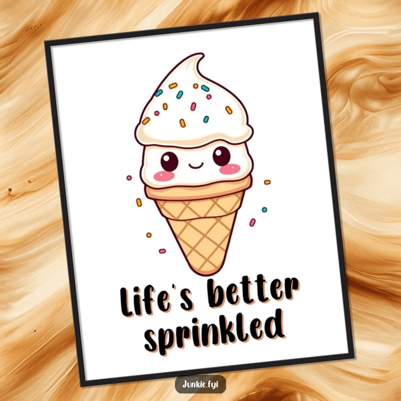 Funny poster art showing a contented ice cream cone character enjoying a delightful shower of sprinkles. Sweetly humorous decor.