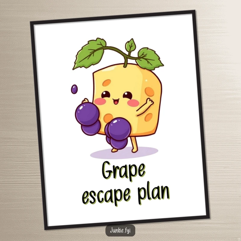 Funny Kawaii cheese character ecstatically reaching for a falling grape, a humorous and eye-catching poster for wall art.