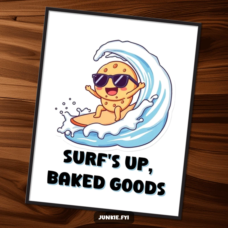 Funny Kawaii cookie with sunglasses, expertly surfing a giant wave of milk, displayed as wall art.