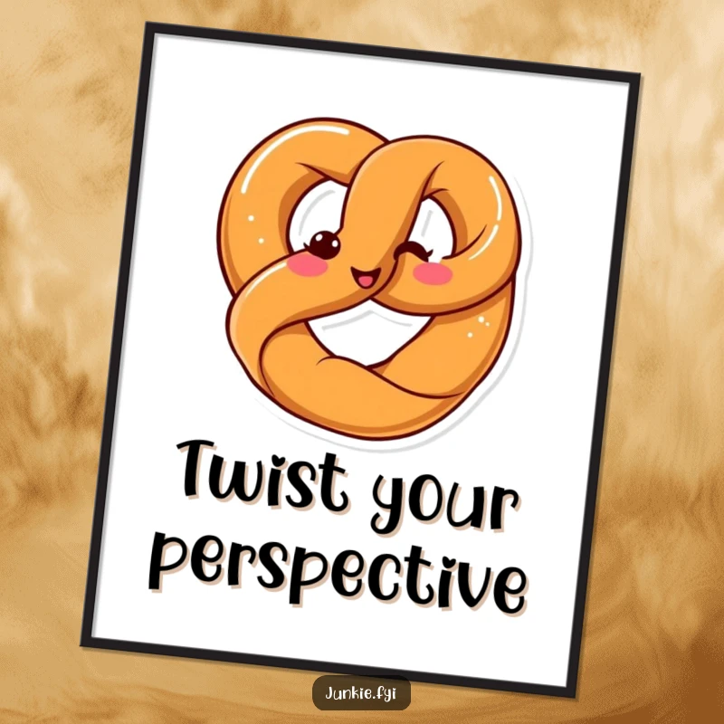 Funny Kawaii pretzel joyfully twisting itself into a pretzel shape with a smile, vibrant wall art.