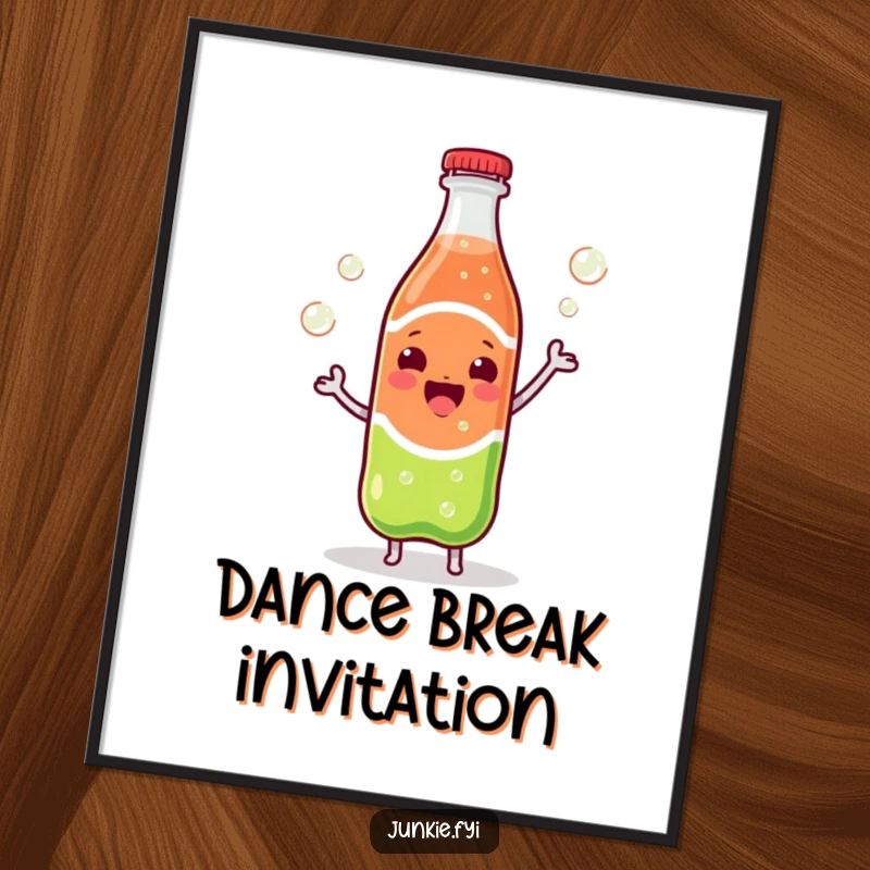 Funny Kawaii soda bottle doing a spirited dance with bubbles energetically escaping, vibrant wall art.