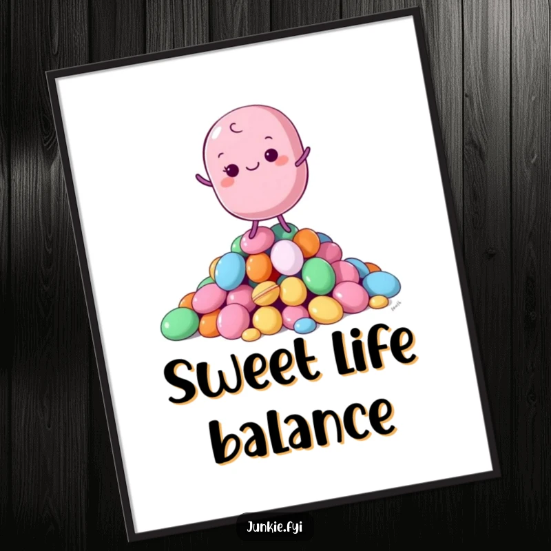 Funny Poster illustrating a content macaron character gracefully balancing on a colorful pile of candies, exuding sweet tranquility.