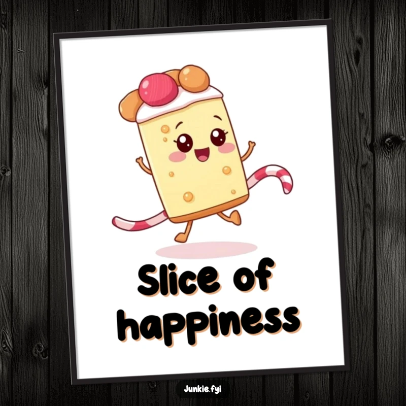 Funny poster showcasing a happy slice of pie skipping along a licorice rope, a charming piece of sweet, playful art.