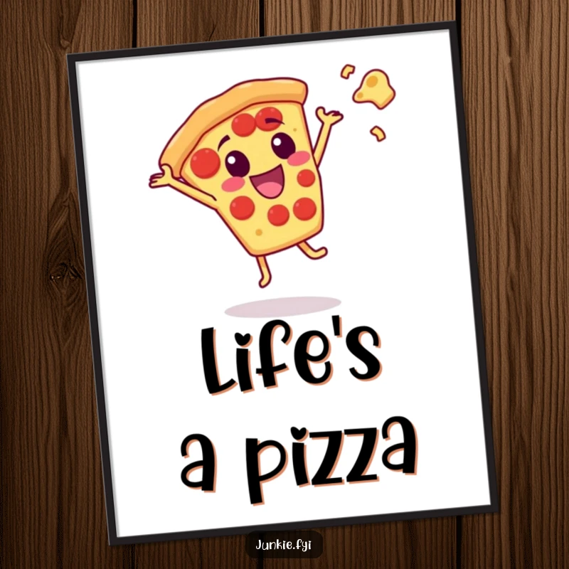 Funny pizza slice character performing a cartwheel with cheese flying, presented as a humorous art print.