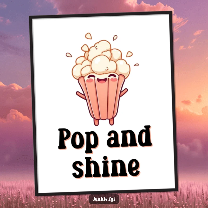 A cheerful popcorn kernel bursts upwards with joyful abandon, creating dynamic and funny wall art.