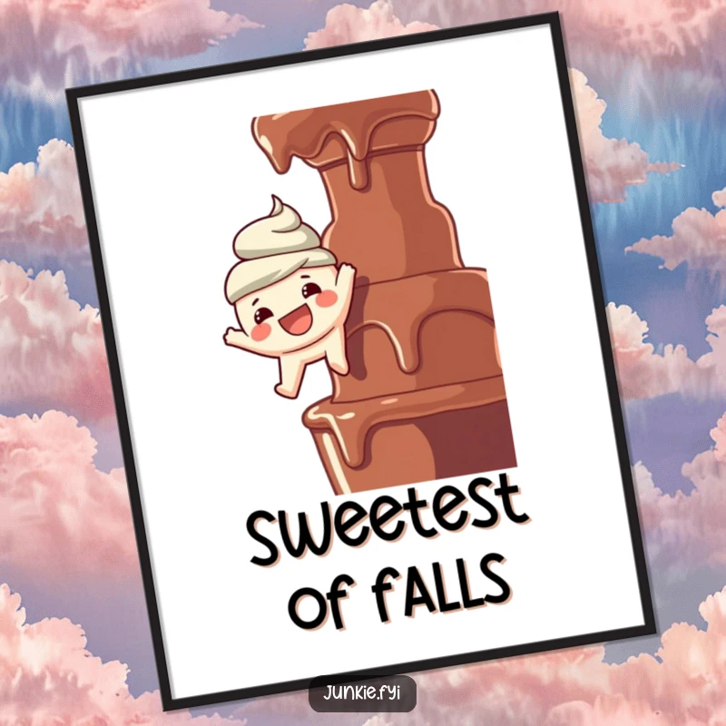 Funny poster: A wide-grinning food character joyfully dangles over a cascading chocolate fountain, celebrating a love for sweets.