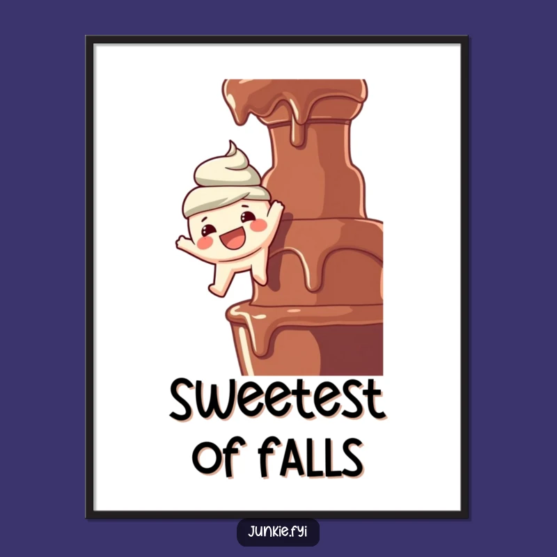 Funny Poster: Joyful Foodie Dangles Over Chocolate Fountain, Hilarious Wall Art Gift!
