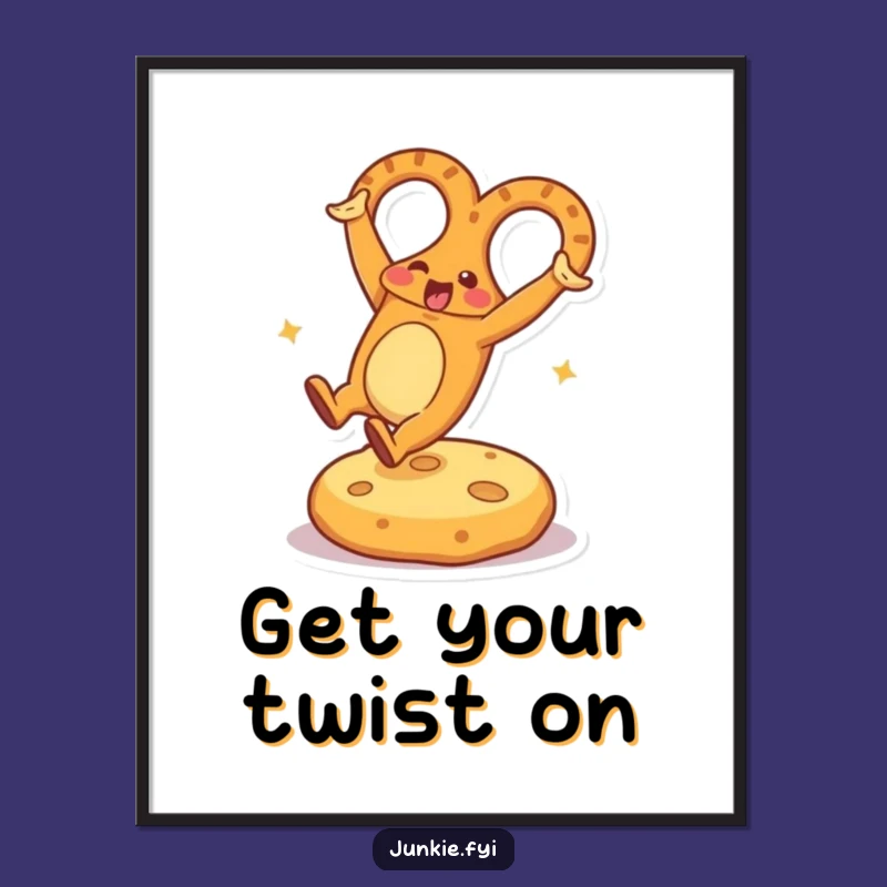 Funny Pretzel Cartwheel Poster: Vibrant Snack Character on Cheese Cushion, Artful Funny Gift