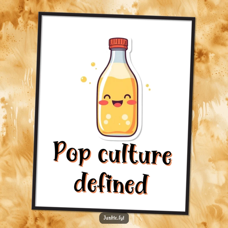 Funny soda bottle poster art, fizzing with pure excitement, a cheerful and dynamic wall decoration.