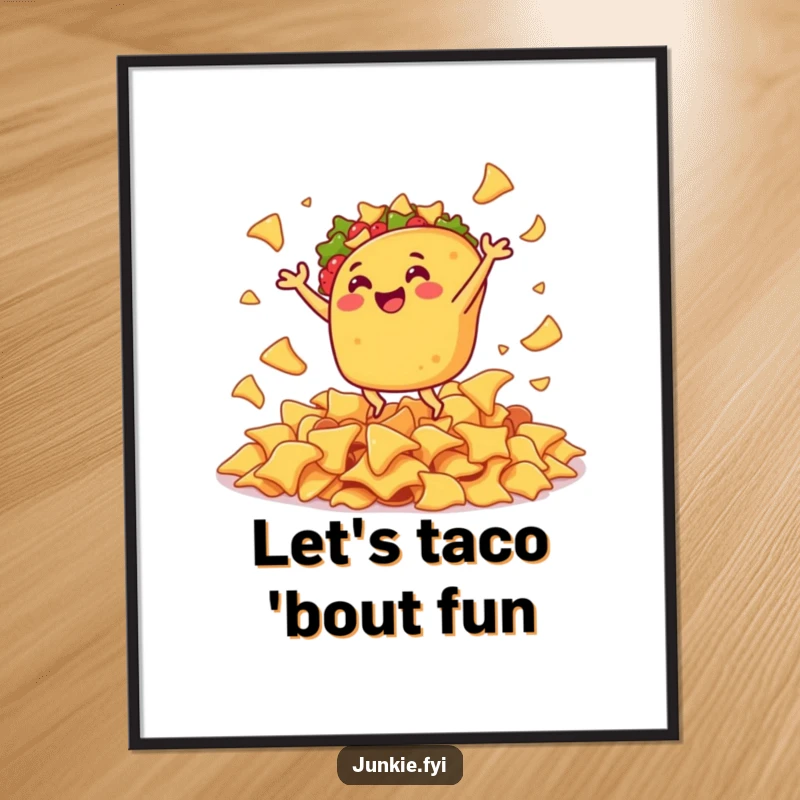 Funny poster showcasing a gleeful taco doing a lively jig with great enthusiasm surrounded by a pile of savory nacho chips.
