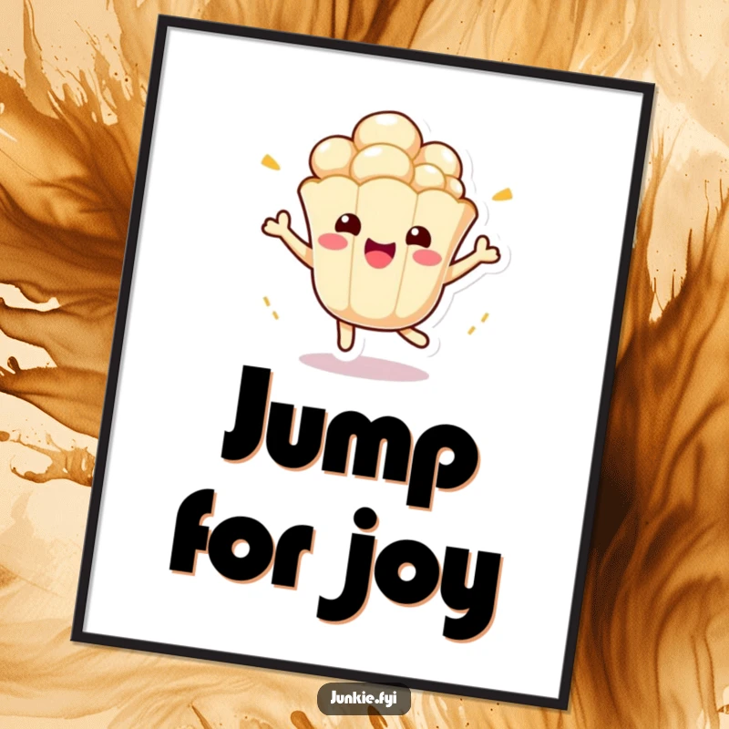 Funny Kawaii Popcorn Poster: A cute anthropomorphic popcorn kernel bounces with infectious excitement, creating a fun and funny wall decoration.
