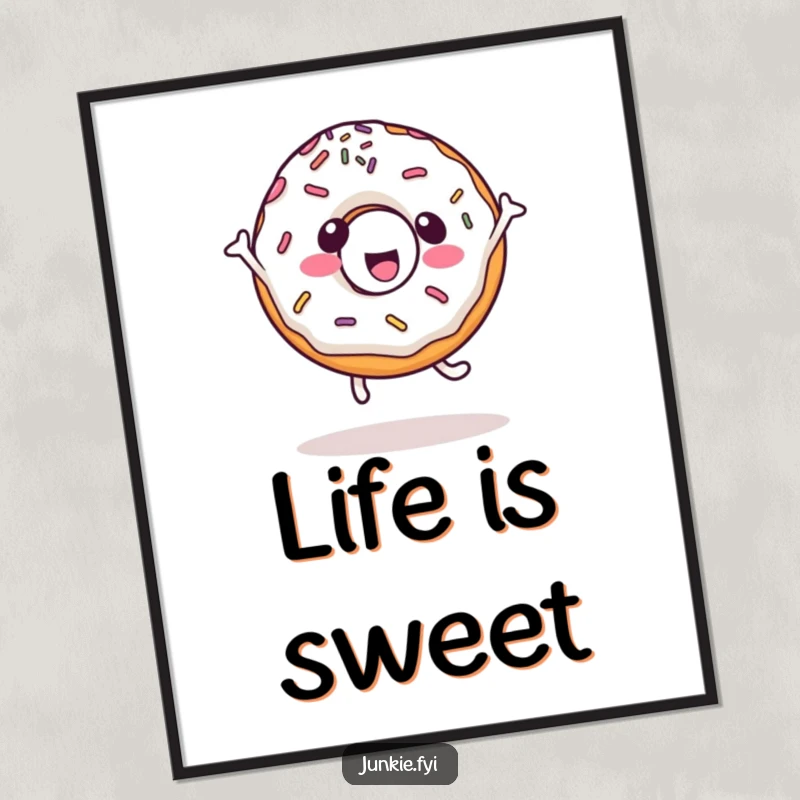 Funny kawaii wall art poster of a happy donut character with sprinkles doing a joyful cartwheel, radiating pure fun and sweetness.