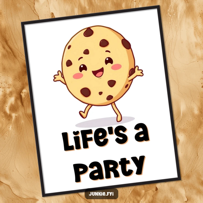 Funny cookie poster depicting a happy chocolate chip cookie character doing a playful shimmy, radiating sweet joy and cartoon charm.
