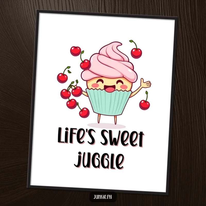 Funny cheerful cupcake poster juggling cherries, vibrant and happy character art, perfect for kitchens and cafes.