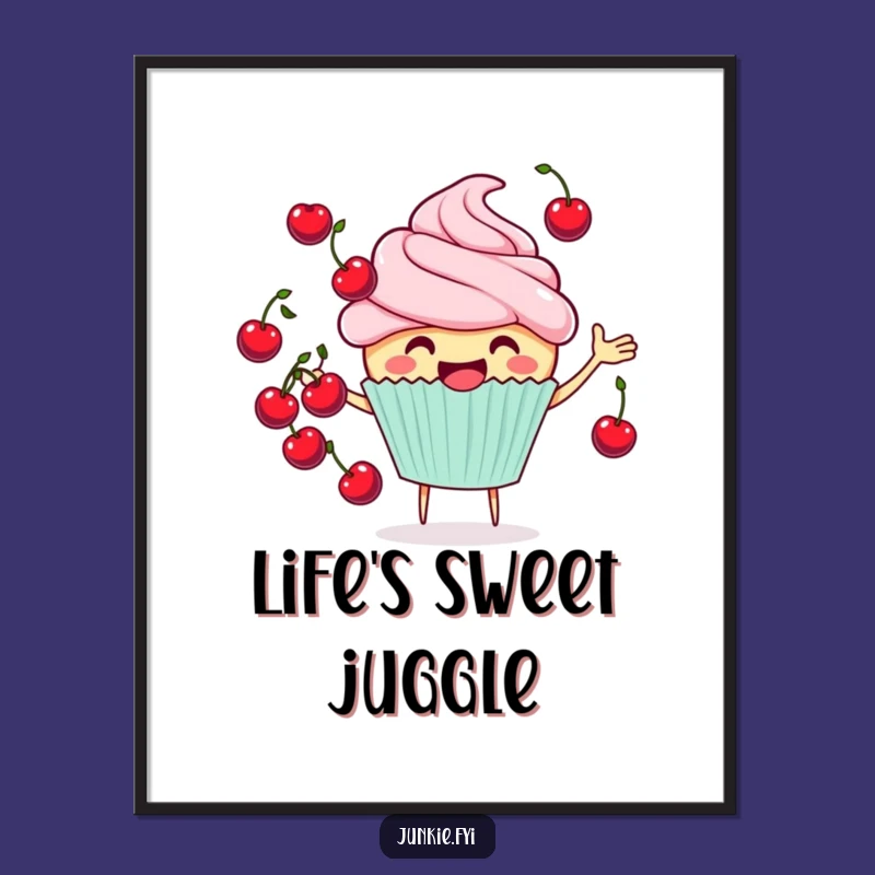 Funny Cupcake Juggler Poster - Cheerful Cherry Art, Vibrant Funny Gift Decor