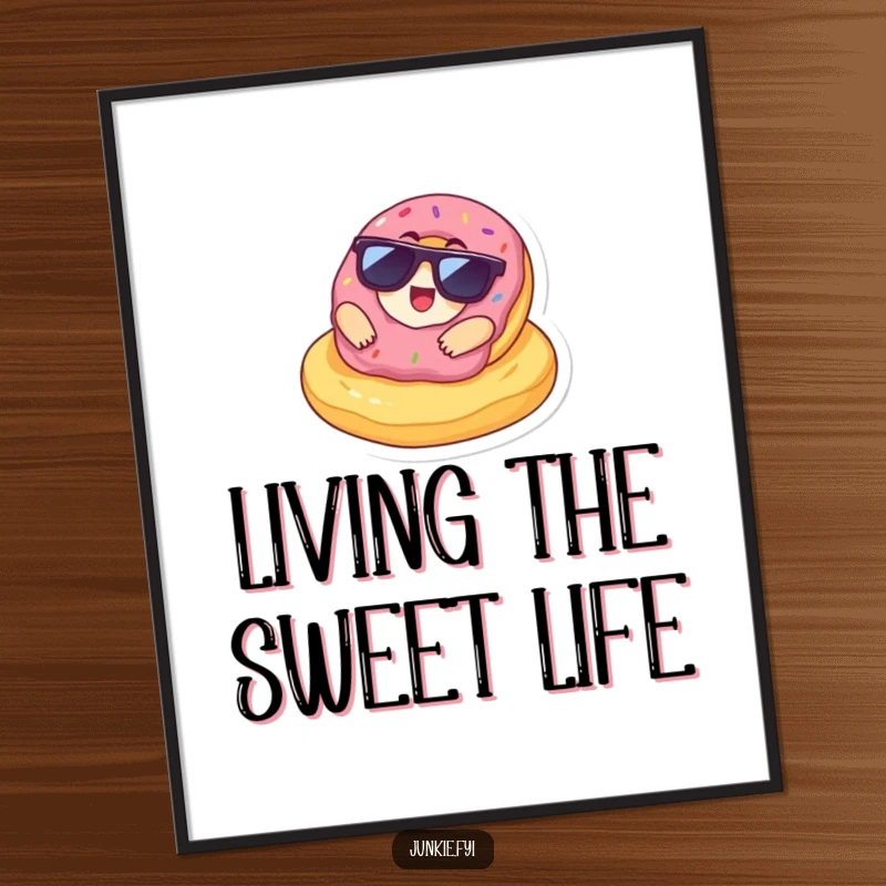 Funny Poster featuring a delighted donut in sunglasses lounging casually on a giant chip, exuding ultimate cool and snack enjoyment.