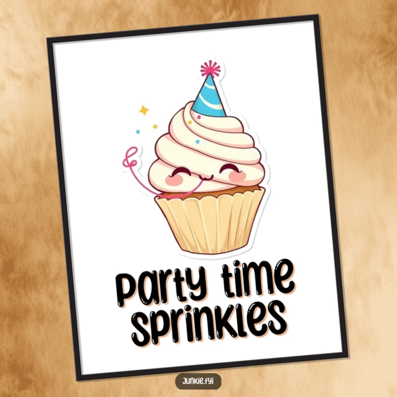 Funny poster art of a delighted cupcake character wearing a party hat and blowing a streamer, adding festive charm.