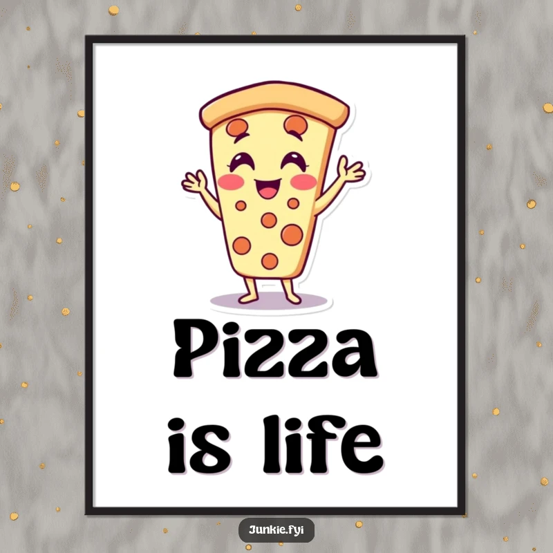 Funny pizza slice poster art, doing jazz hands with pure delight, a vibrant and humorous decoration.