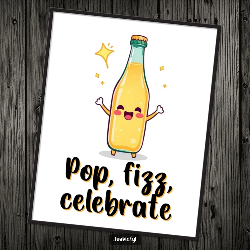 Funny Poster: A happy soda bottle erupts in a celebratory fizz, a dynamic and cheerful piece of art.