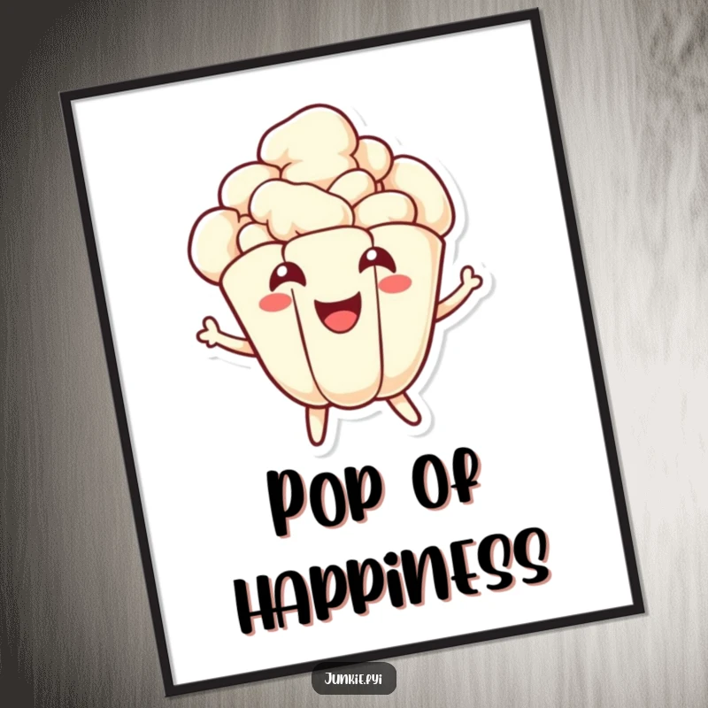 Funny popcorn poster depicting a joyful kernel character energetically popping with a wide smile, radiating movie-time excitement.