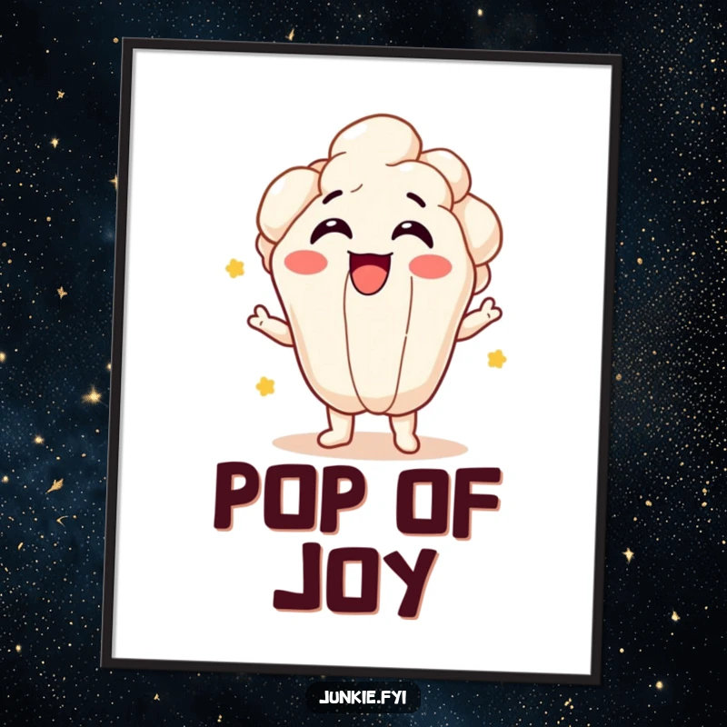 Funny popcorn kernel character giggling while bursting outwards on a poster, creating a dynamic and joyful artwork.