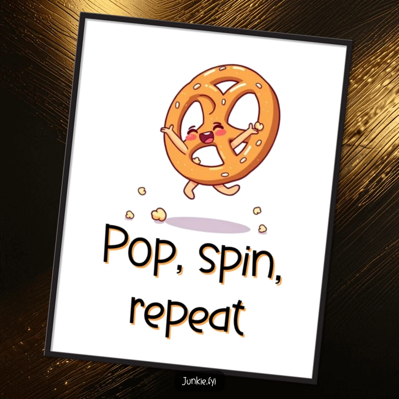 Funny poster showcasing a thrilled pretzel doing a lively cartwheel made entirely from fluffy popcorn kernels.