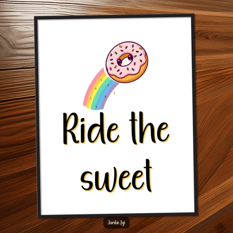 A delighted donut slides down a vibrant rainbow made of sprinkles, captured in cheerful, funny wall art.