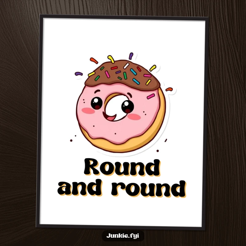 Funny donut character with sprinkle hair spinning with speed on a poster, creating a visually dynamic and cheerful artwork.