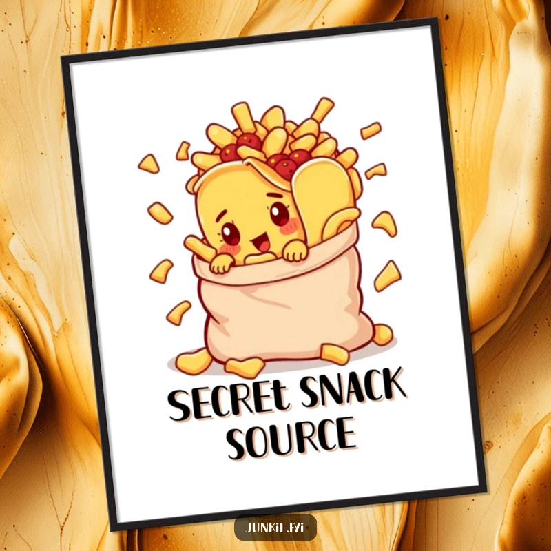 Funny poster art of a curious taco character peeking out from an overflowing bag of chips, adding quirky charm.