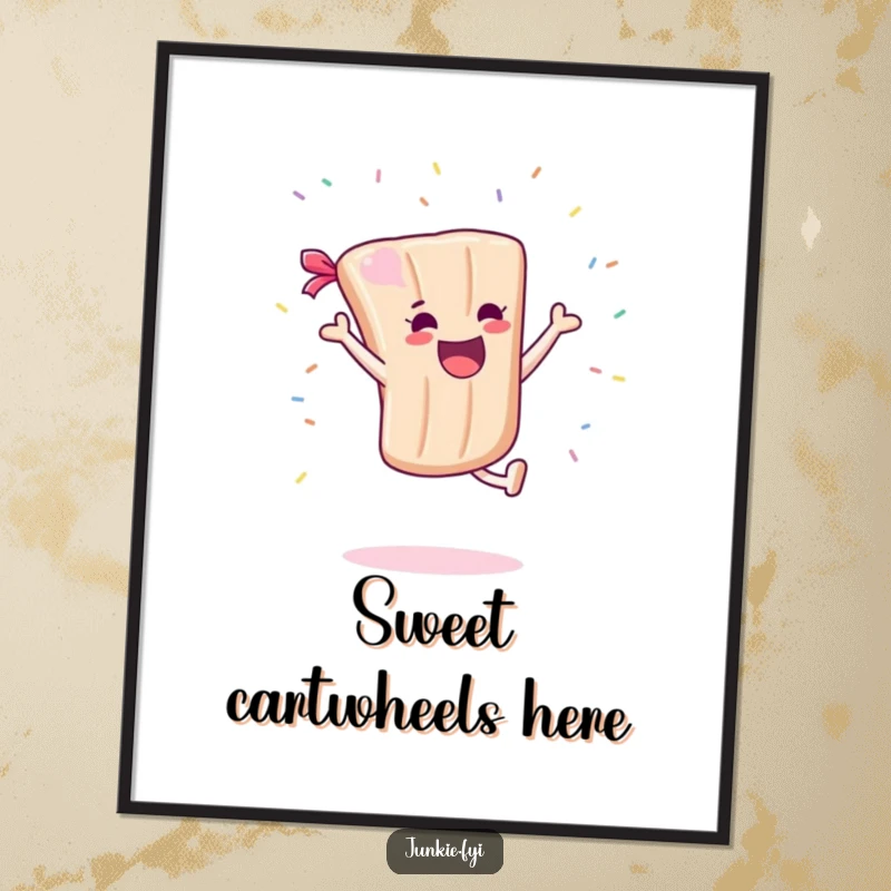 Funny Poster: A joyful candy bar character is doing a cartwheel with a flurry of sprinkles in the air, creating a vibrant, humorous scene.