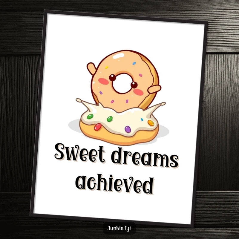 Funny cheerful donut character executing a joyful flip into a frosting pool, as wall art.