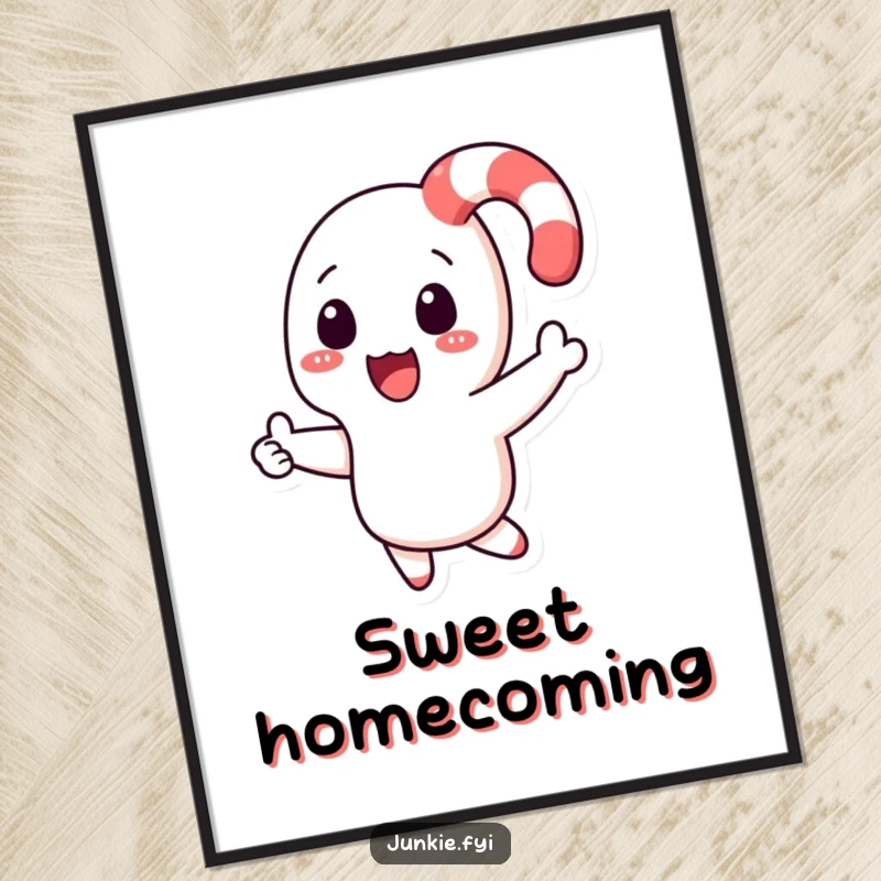 Funny candy cane character boomeranging back to a hand on a poster, depicting holiday fun and motion.