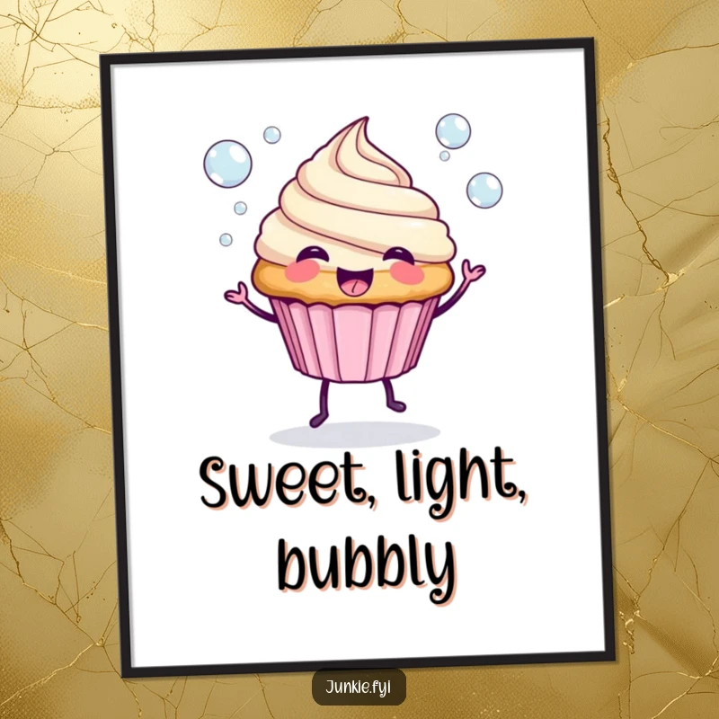 Funny Poster: A spunky cupcake with legs blows a stream of colorful bubbles, a vibrant and joyful piece.