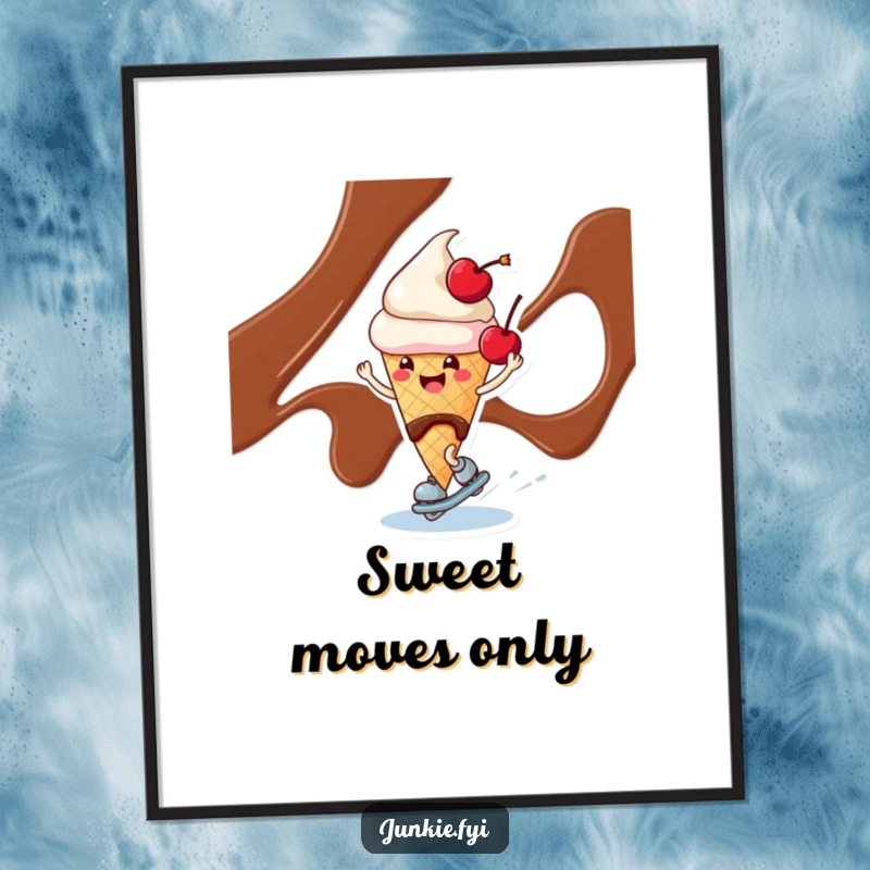 Funny ice cream cone character with a cherry, happily skating on chocolate syrup, presented as a fun digital art print.