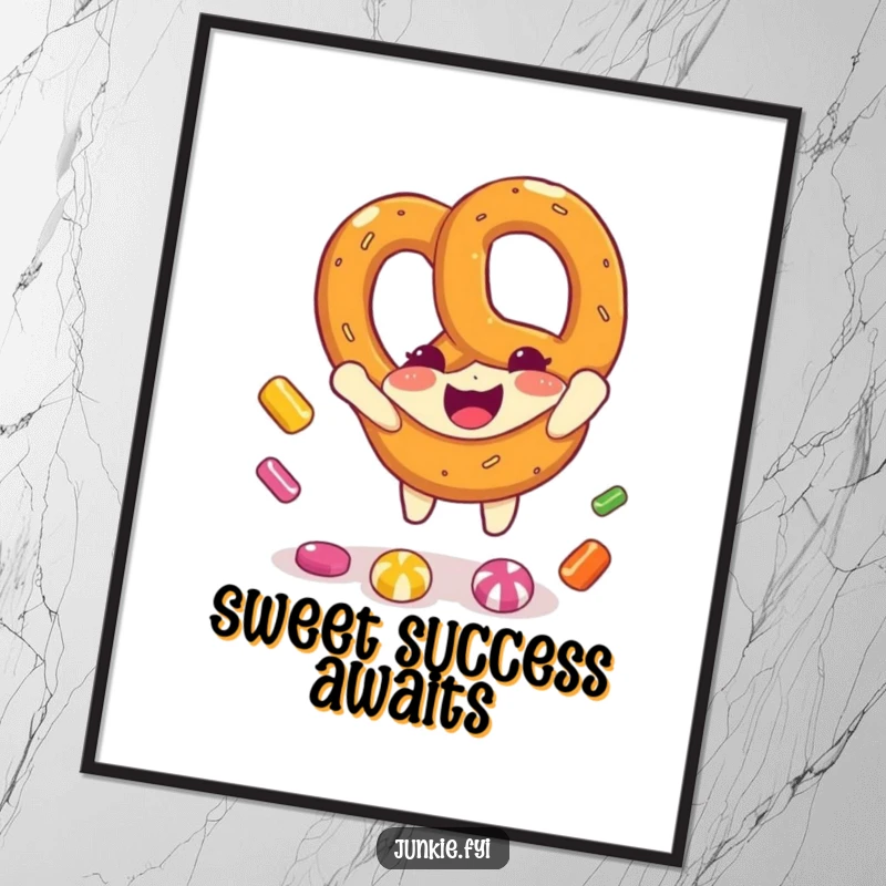 Funny pretzel character joyfully catching candy pieces against a vibrant background on a poster, exuding playful energy.